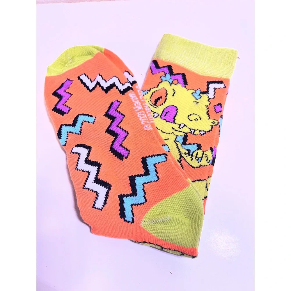 Nickelodeon‎ OS Reptar Crew Socks Orange Rugrats 90s Cartoon Dinosaur Zig Zag
